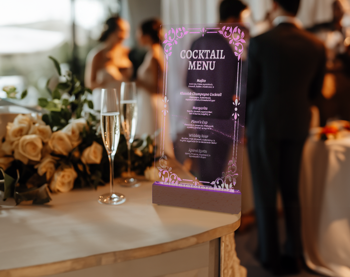 Elegant LED Lit Acrylic Bar Menu for Weddings