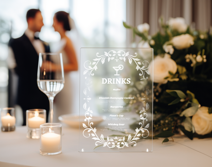 Modern Clear Acrylic Drink Menu Sign for Weddings
