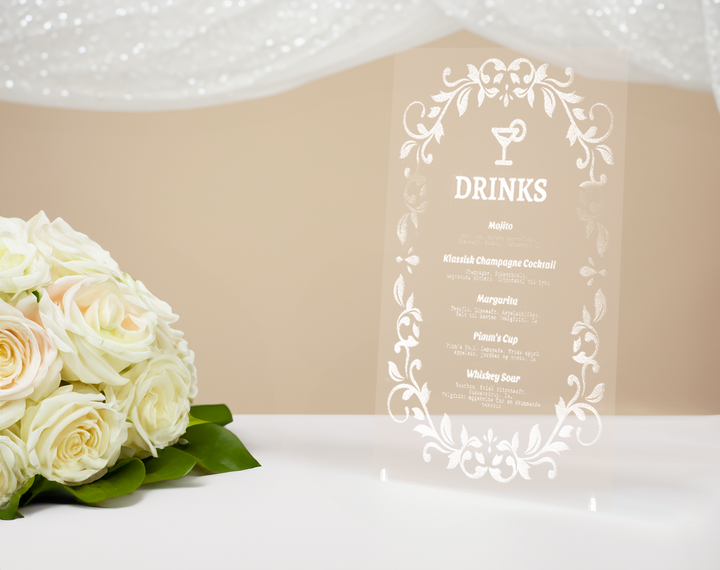 Sophisticated Wedding Drink Menu Sign in Transparent Acrylic
